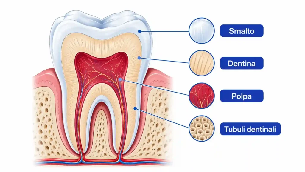 Schema sezione dente con tubuli dentinali esposti - ipersensibilità dentinale